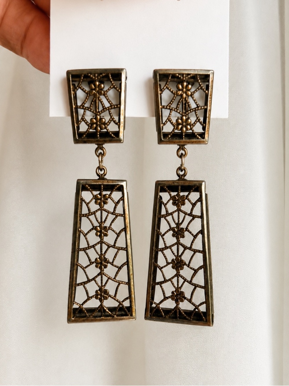 Vintage Filigree Clip On Dangle Earrings 3” Art Deco Boho Statement Jewelry